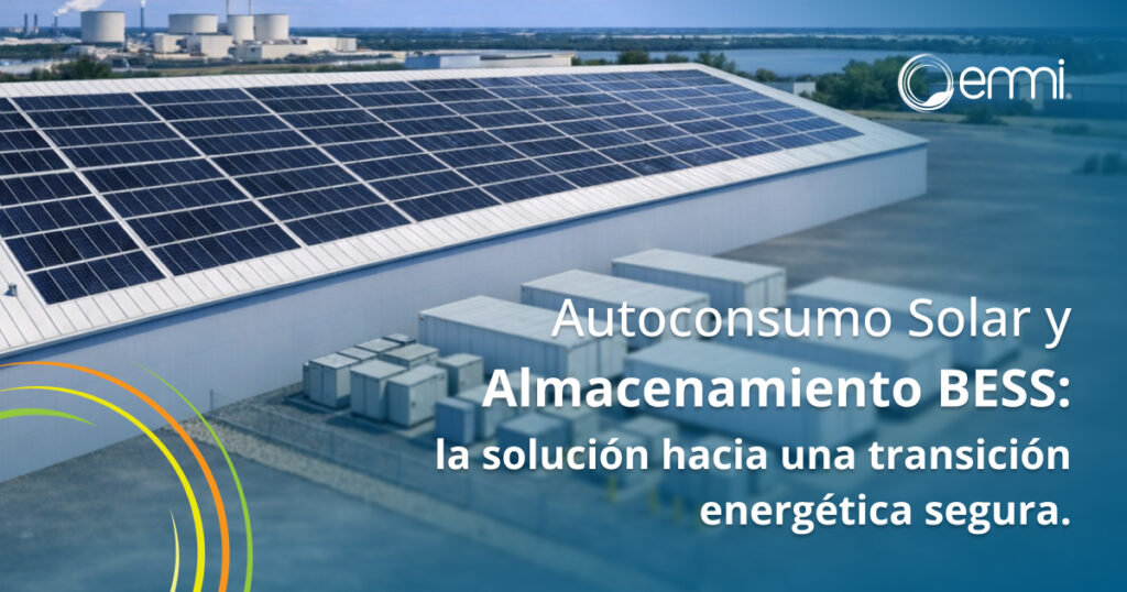Sistema de autoconsumo solar en instalación industrial con paneles fotovoltaicos en el techo y sistema de almacenamiento BESS para optimizar el uso de energía y la transición energética.