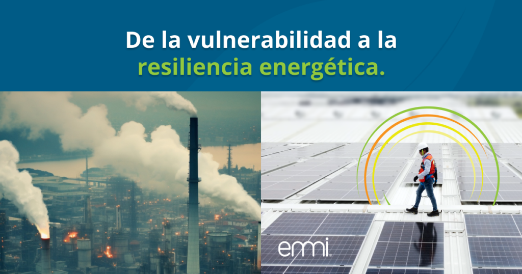 Contraste visual entre una planta industrial contaminante y un técnico caminando sobre paneles solares, con el mensaje: De la vulnerabilidad a la resiliencia energética.