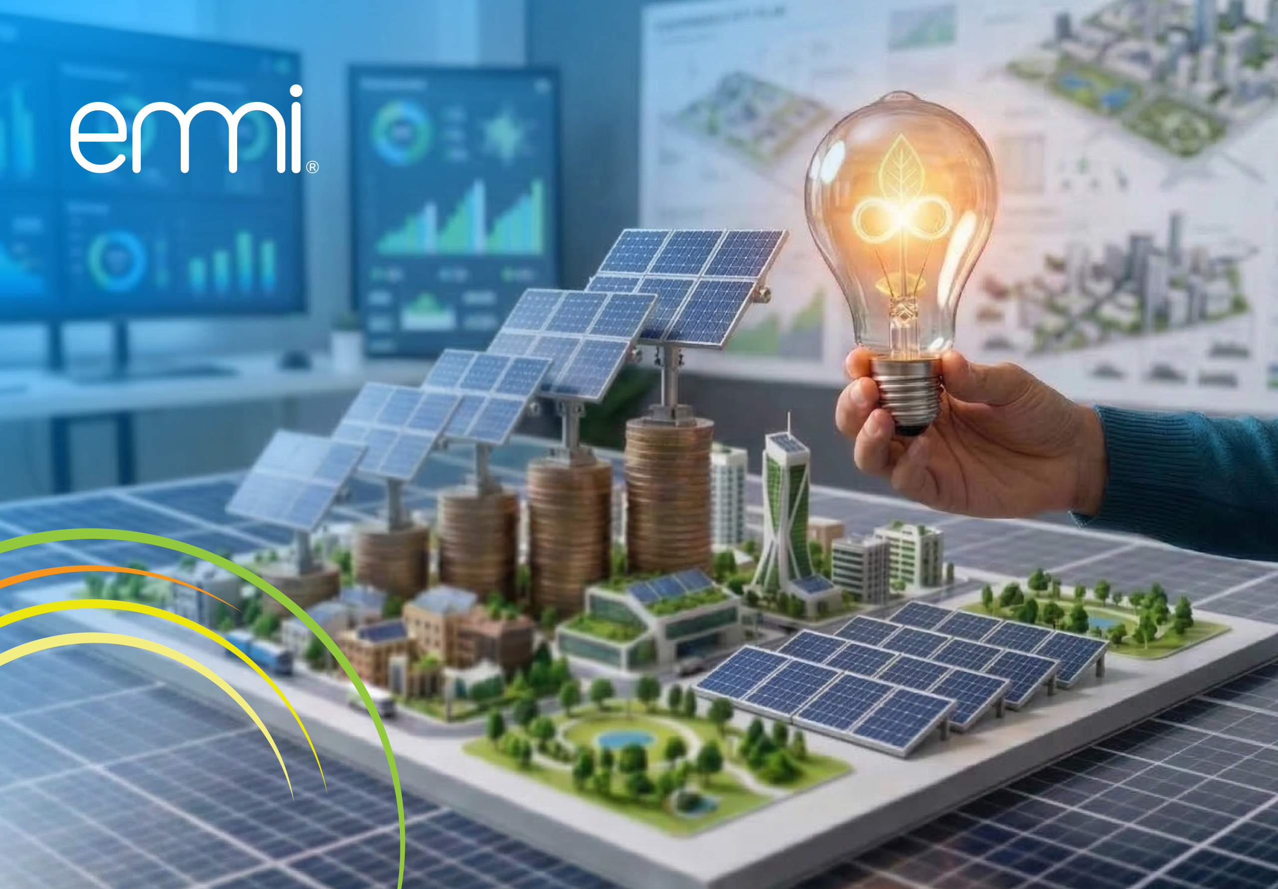 Modelo de ciudad sostenible con paneles solares, crecimiento económico y soluciones de energía renovable que ilustran el impacto del autoconsumo solar en el desarrollo energético.